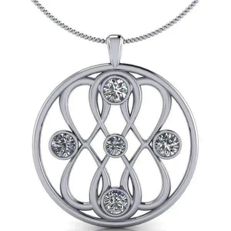 Infinity pendant necklace with round colorless moissanite gems in a silver circular setting