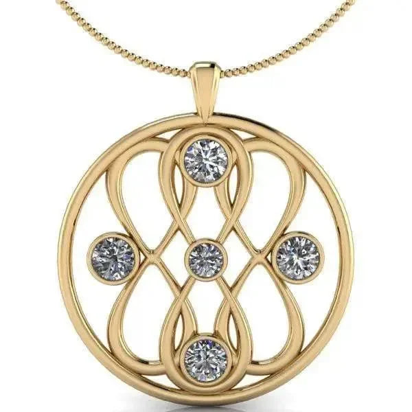 Gold infinity pendant necklace with round colorless moissanite stones in openwork design