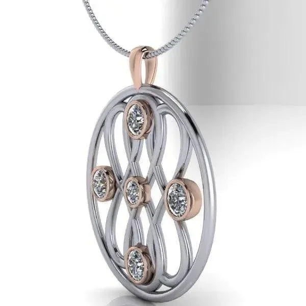 Infinity pendant necklace with round colorless moissanite stones in a two-tone metal setting