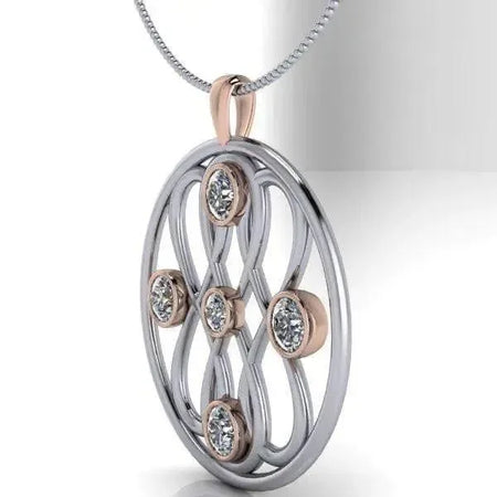 Infinity pendant necklace with round colorless moissanite stones in a two-tone metal setting