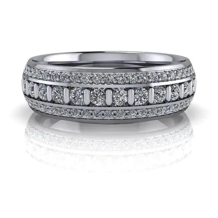 Men's lab-grown diamond band ring with rows of round-cut diamonds set in white metal.