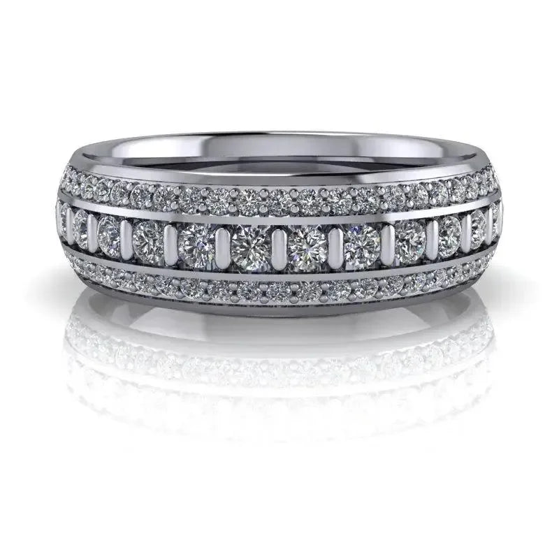 Men's lab-grown diamond band ring with rows of round-cut diamonds set in white metal.
