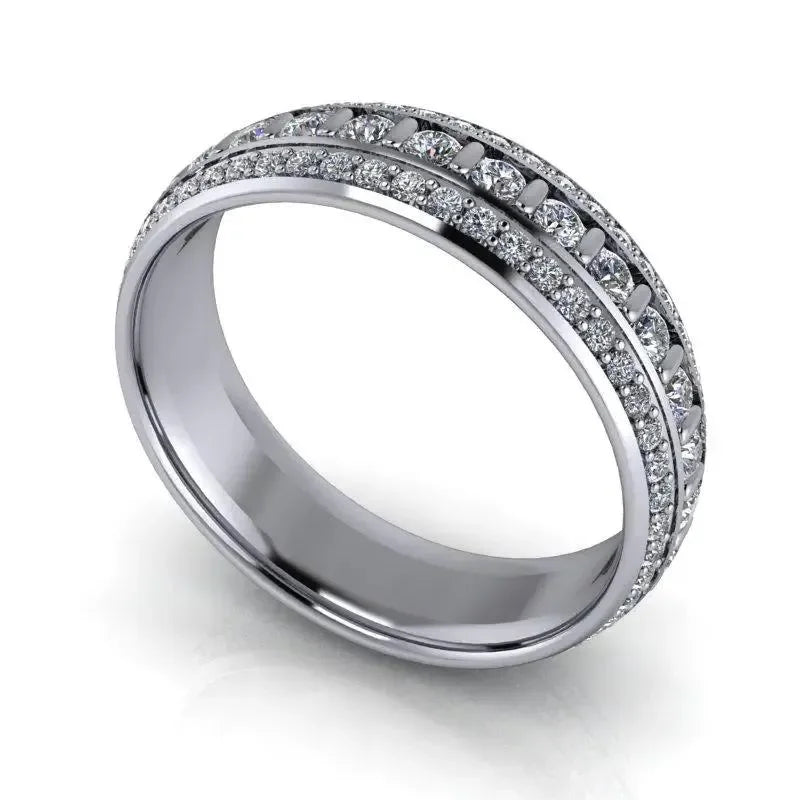 Men's white gold band with lab-grown diamonds in pave and channel settings