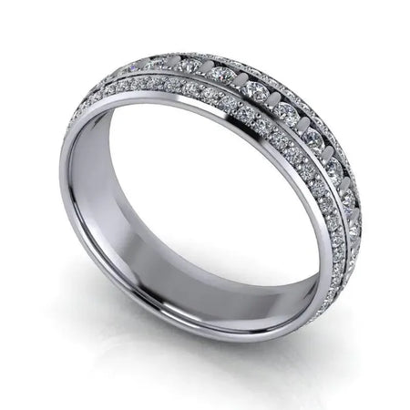 Men's white gold band with lab-grown diamonds in pave and channel settings