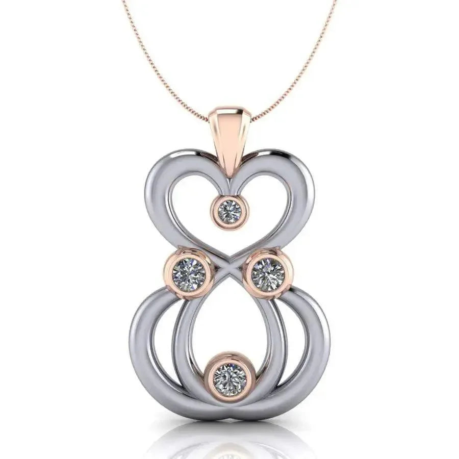 Moissanite pendant necklace with rose gold accents, heart and circle design, on chain
