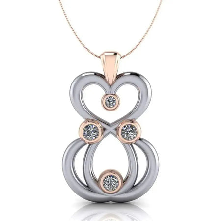 Moissanite pendant necklace with rose gold accents, heart and circle design, on chain