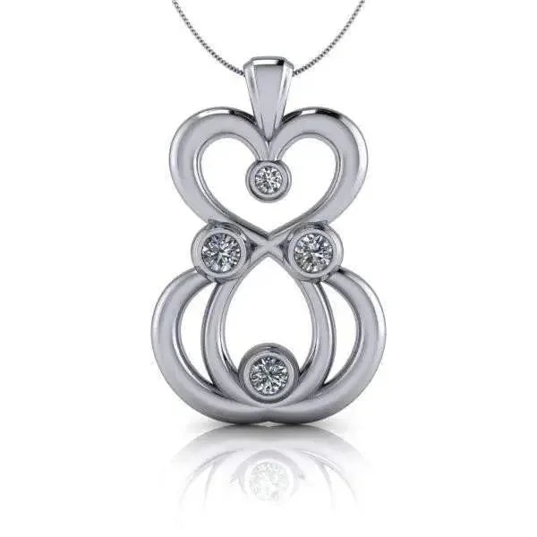 Silver infinity pendant necklace with five round moissanite stones on a white background