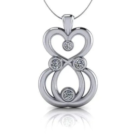 Silver infinity pendant necklace with five round moissanite stones on a white background