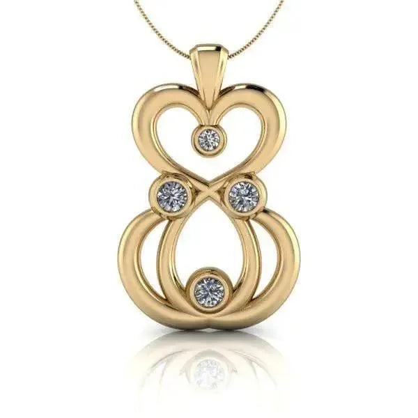 Gold moissanite pendant necklace with open heart and circle design, five round stones