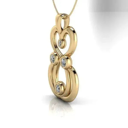 Gold moissanite pendant necklace with curved design and four round gemstones