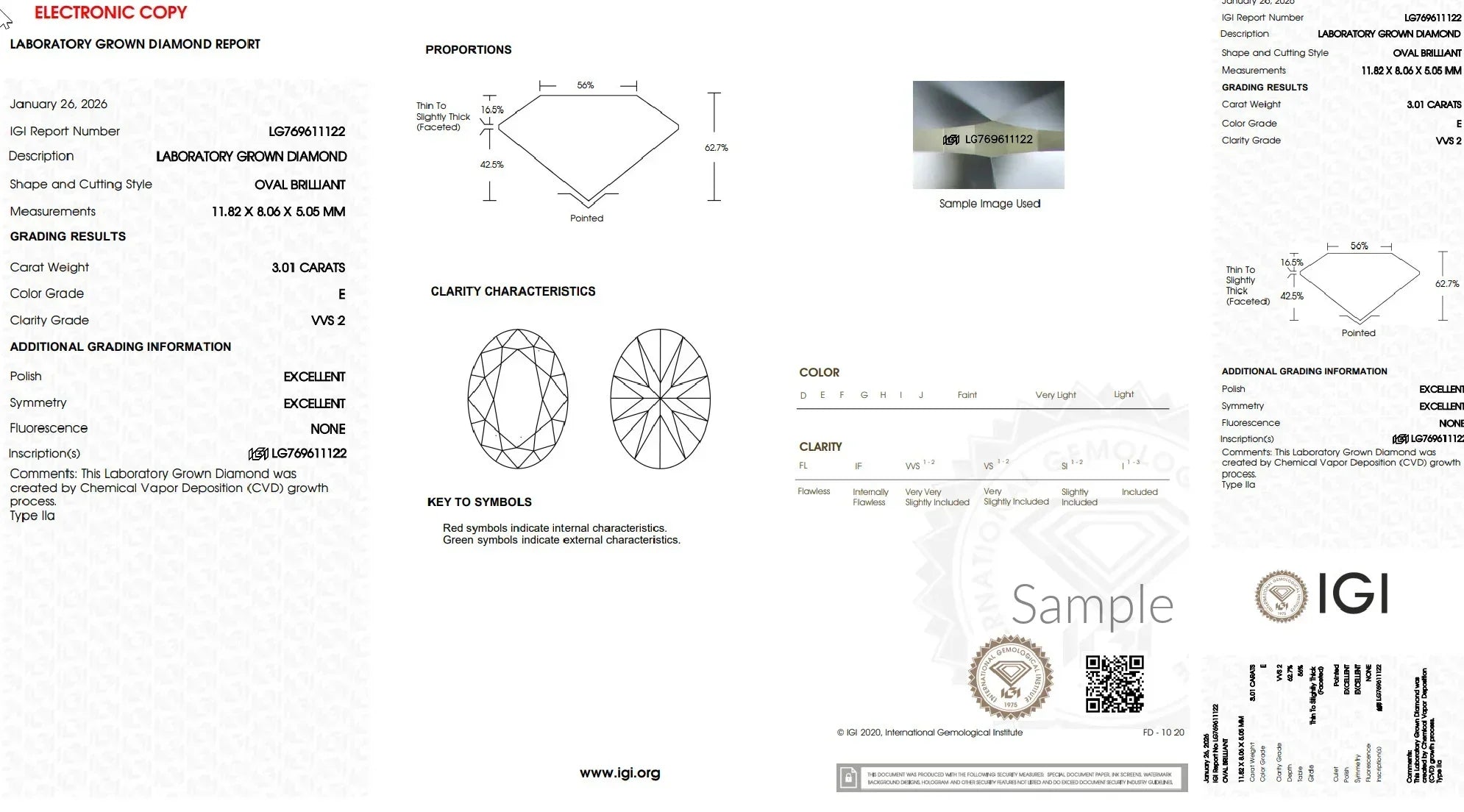 IGI lab-grown oval diamond certificate, 3.01 carats, E color, VVS2 clarity, grading details.