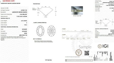 IGI lab-grown oval diamond certificate, 3.01 carats, E color, VVS2 clarity, grading details.