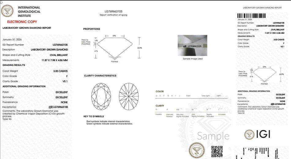 IGI lab grown diamond grading report for 3 carat oval brilliant, F color, VS1 clarity
