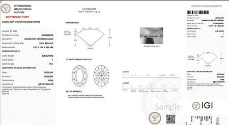 IGI lab grown diamond grading report for 3 carat oval brilliant, F color, VS1 clarity
