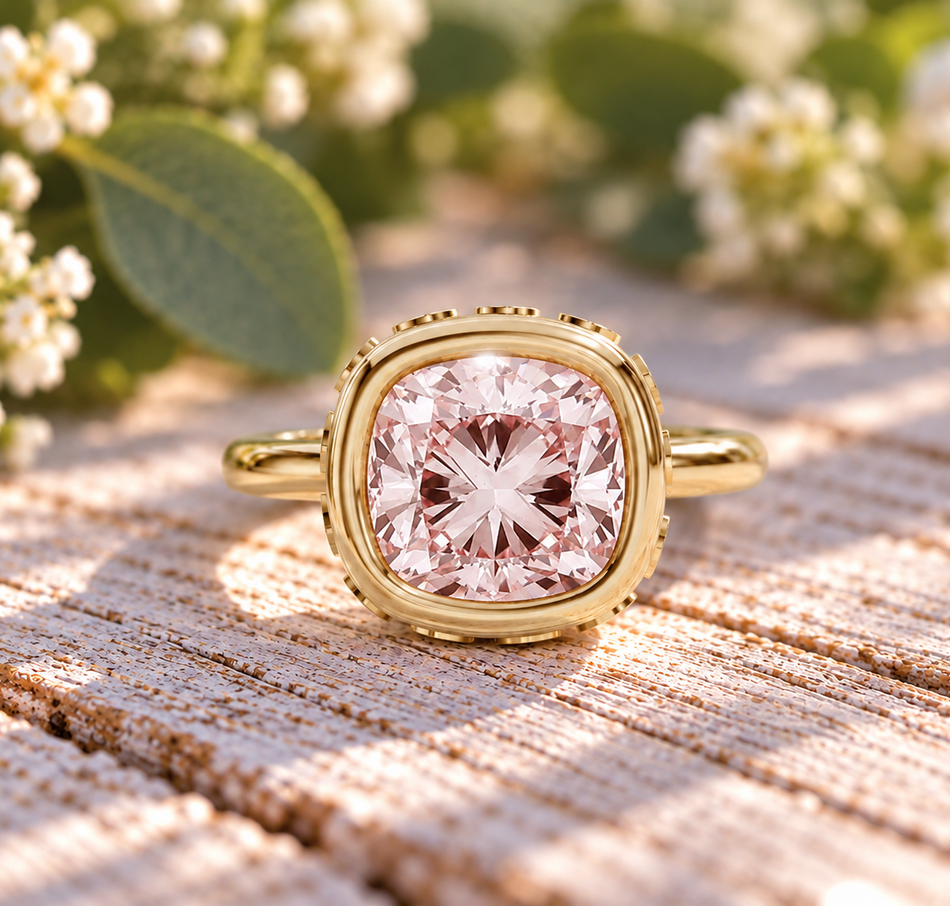 Pink Cushion Cut Lab Diamond Engagement Ring Bezel Set 3.22 ctw