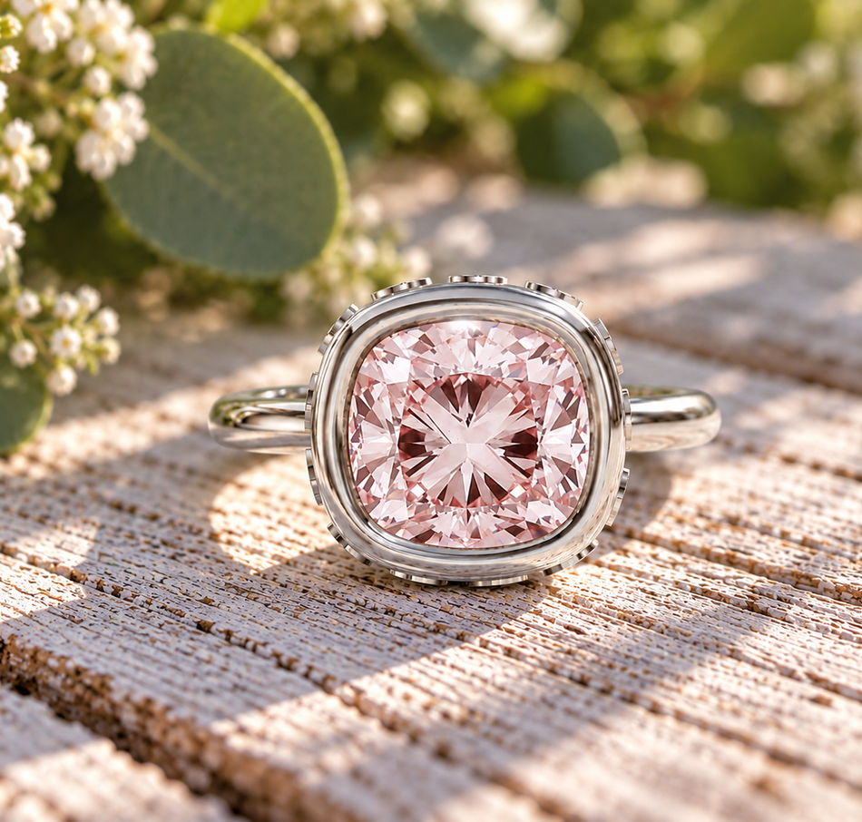 Pink Cushion Cut Lab Diamond Engagement Ring Bezel Set 3.22 ctw