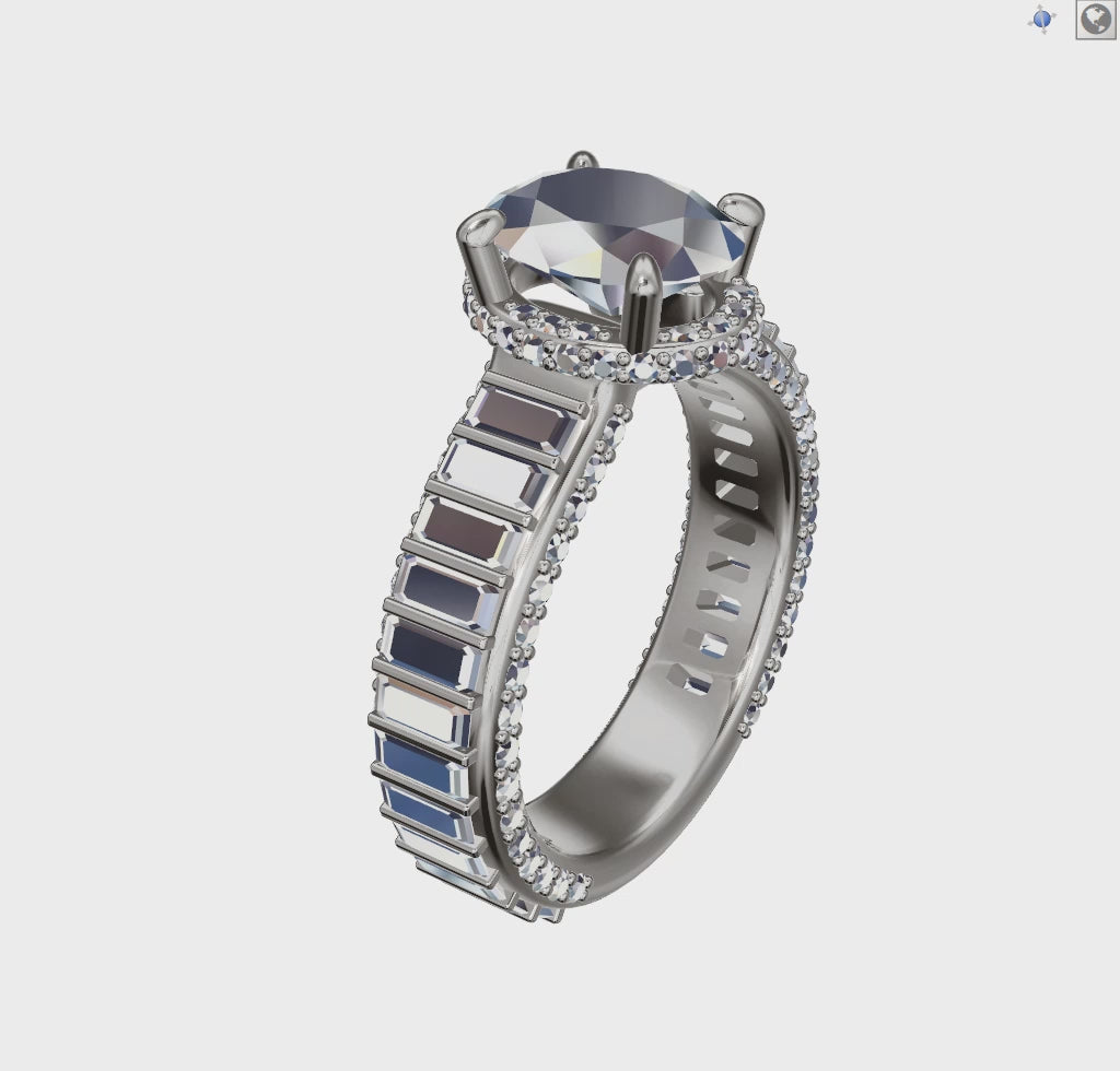 a white gold ring with a blue and white diamond