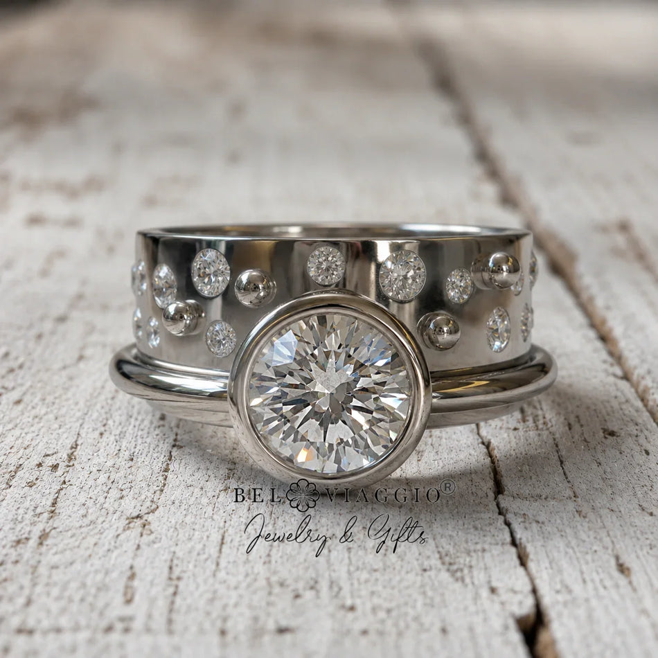 Custom engagement ring with round diamond center and pavé side stones on rustic wood