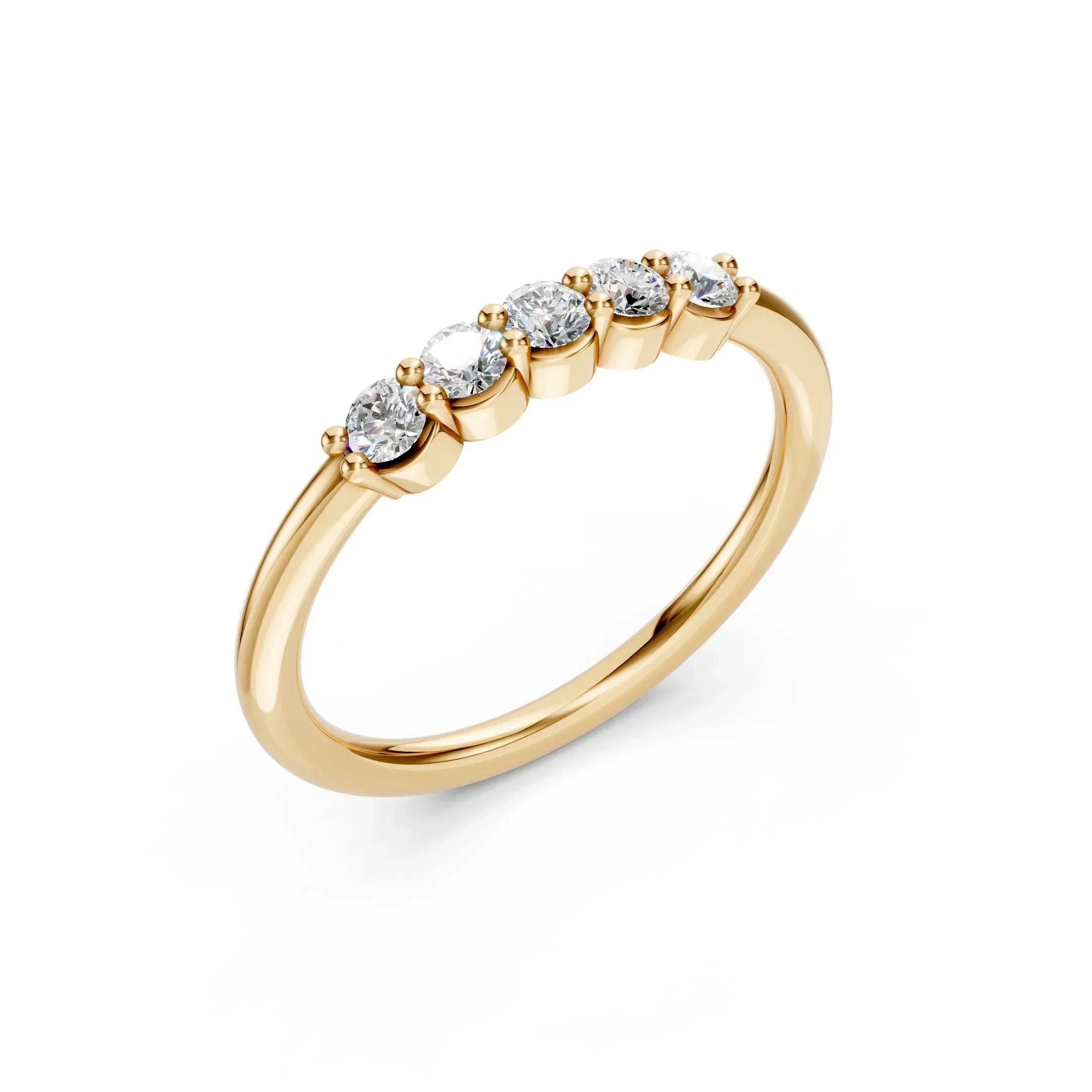 Yellow gold ring with five round diamonds in a row, elegant custom jewelry design