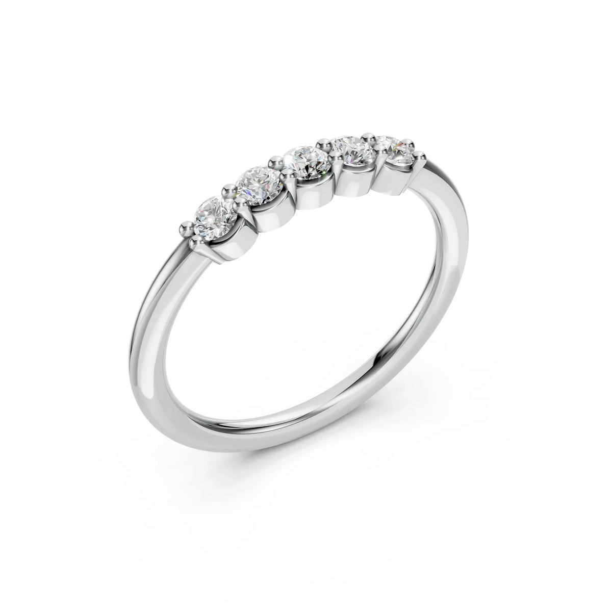 White gold band with five round-cut diamonds in a row, custom engagement ring