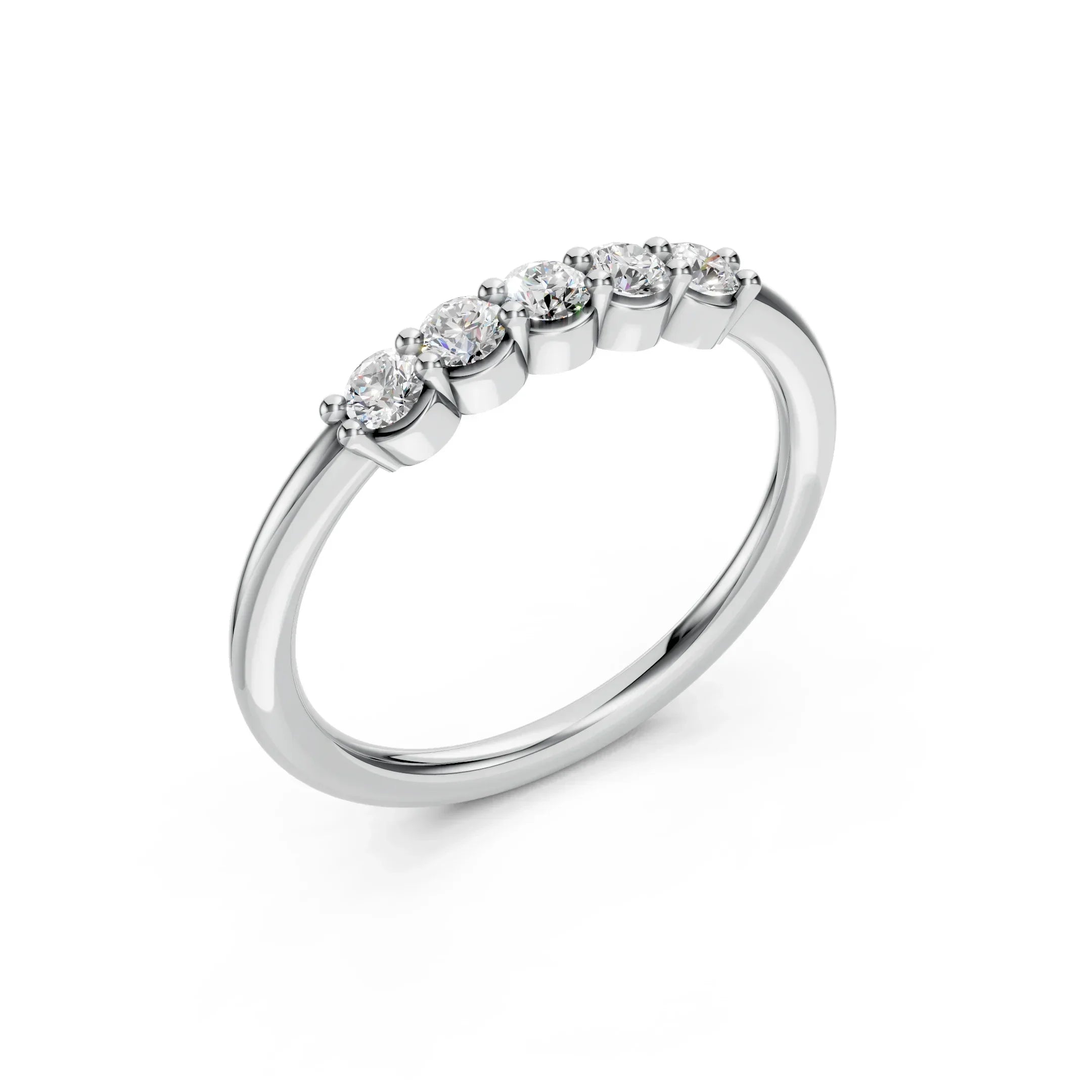 White gold band with five round-cut diamonds in a row, custom engagement ring