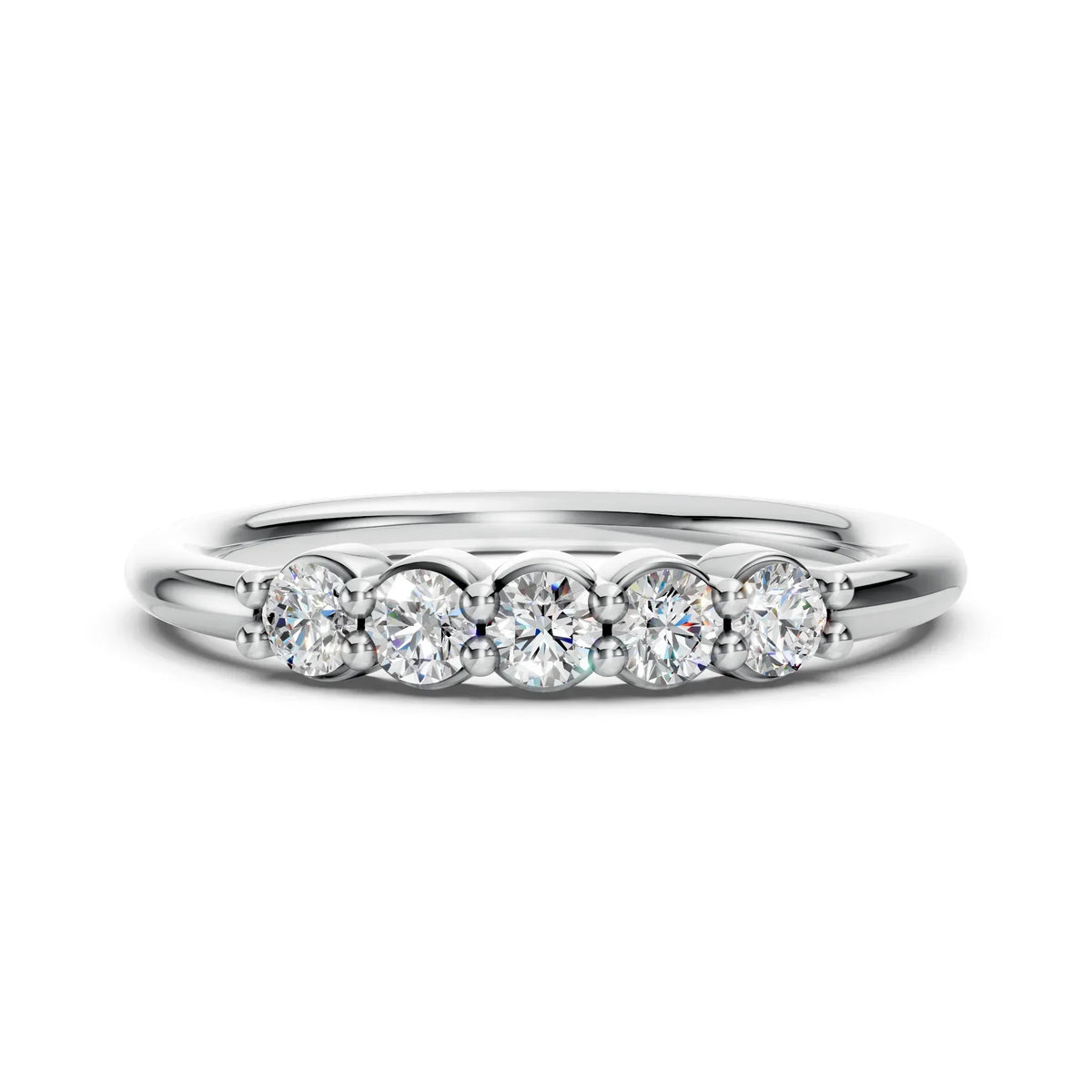 White gold ring with five round diamonds in a row, custom jewelry design