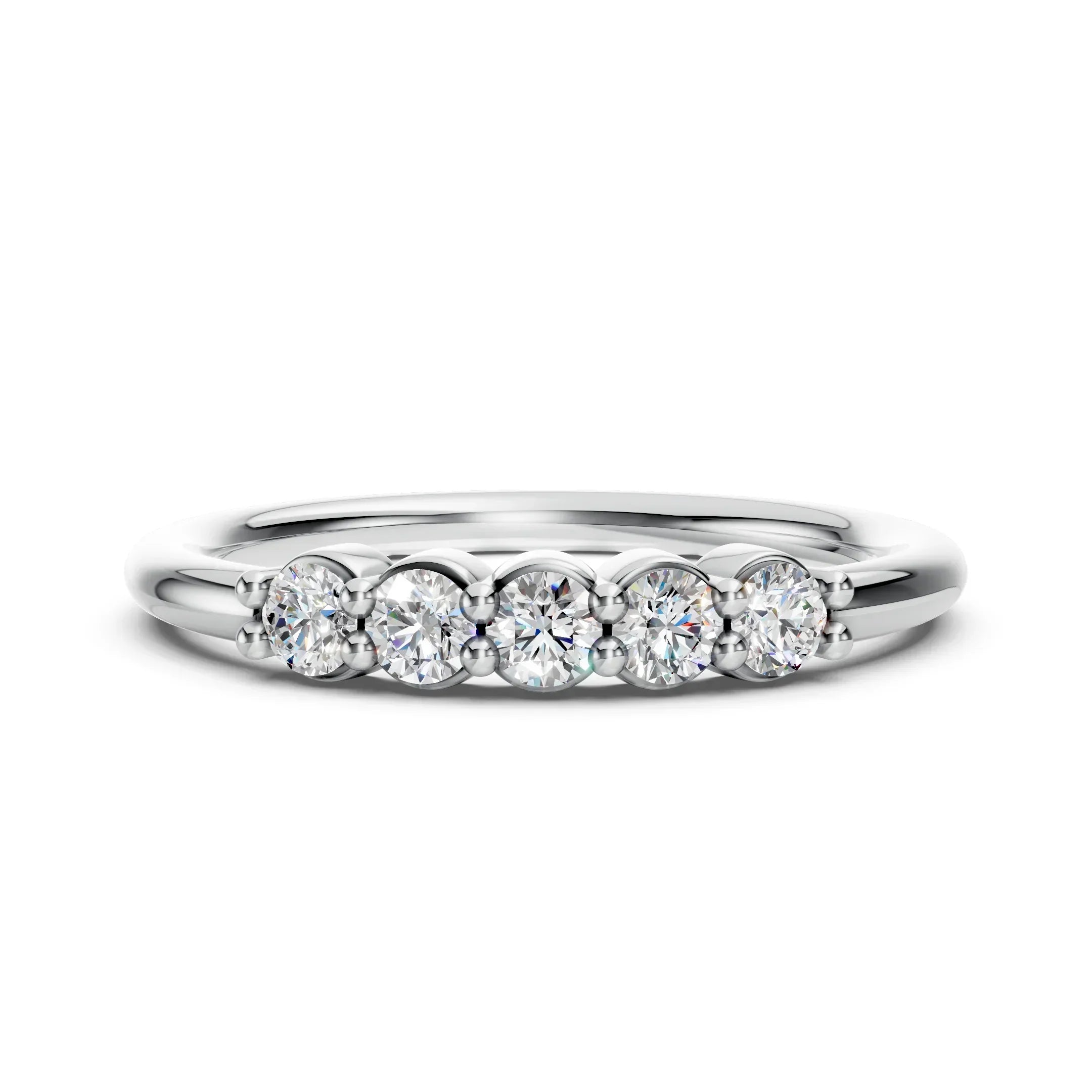 White gold ring with five round diamonds in a row, custom jewelry design