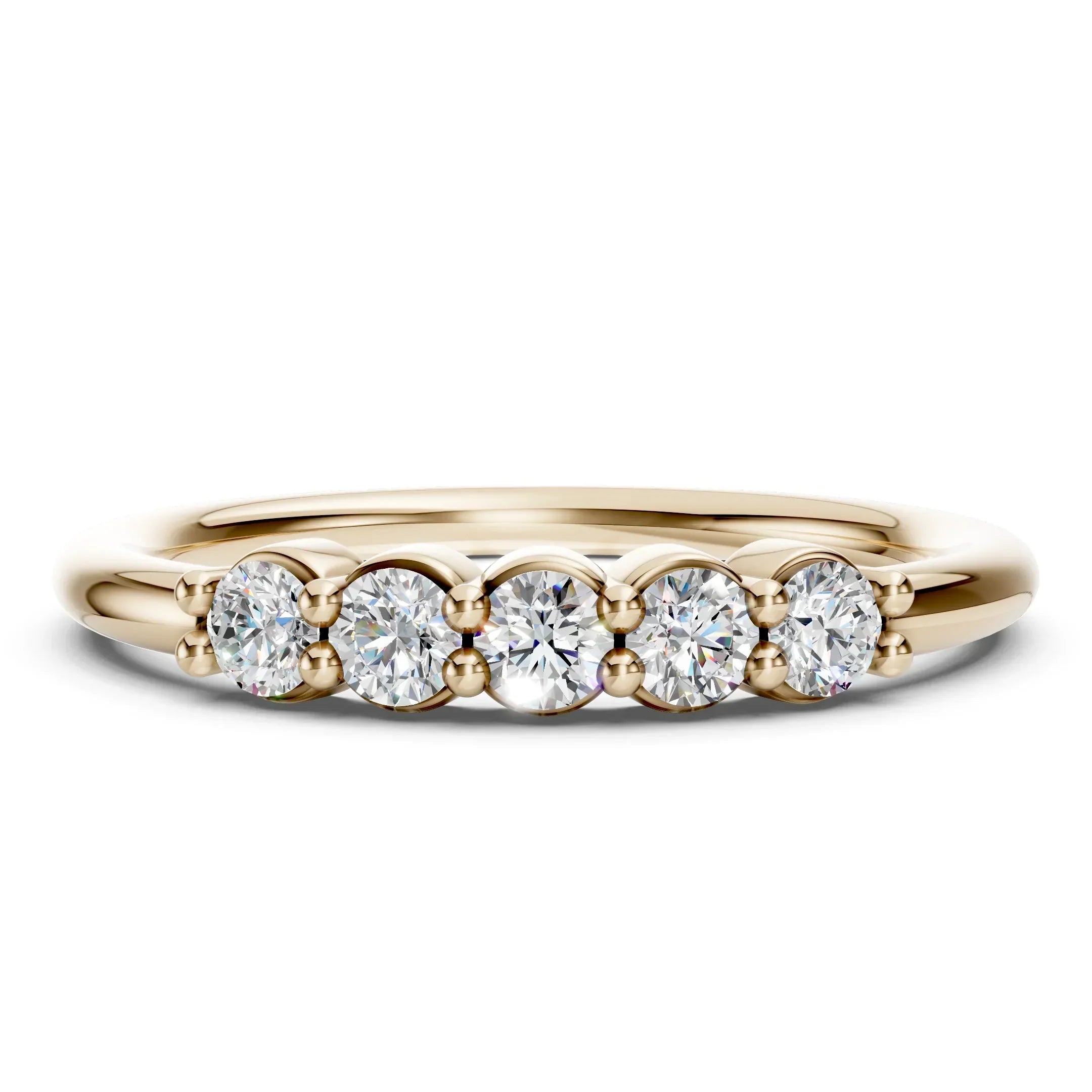 Yellow gold ring with five round diamonds in a row, custom fine jewelry design