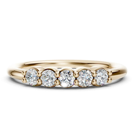 Yellow gold ring with five round diamonds in a row, custom fine jewelry design