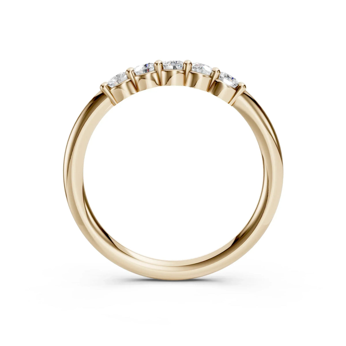 Yellow gold band with five round diamonds in a prong setting, custom engagement ring
