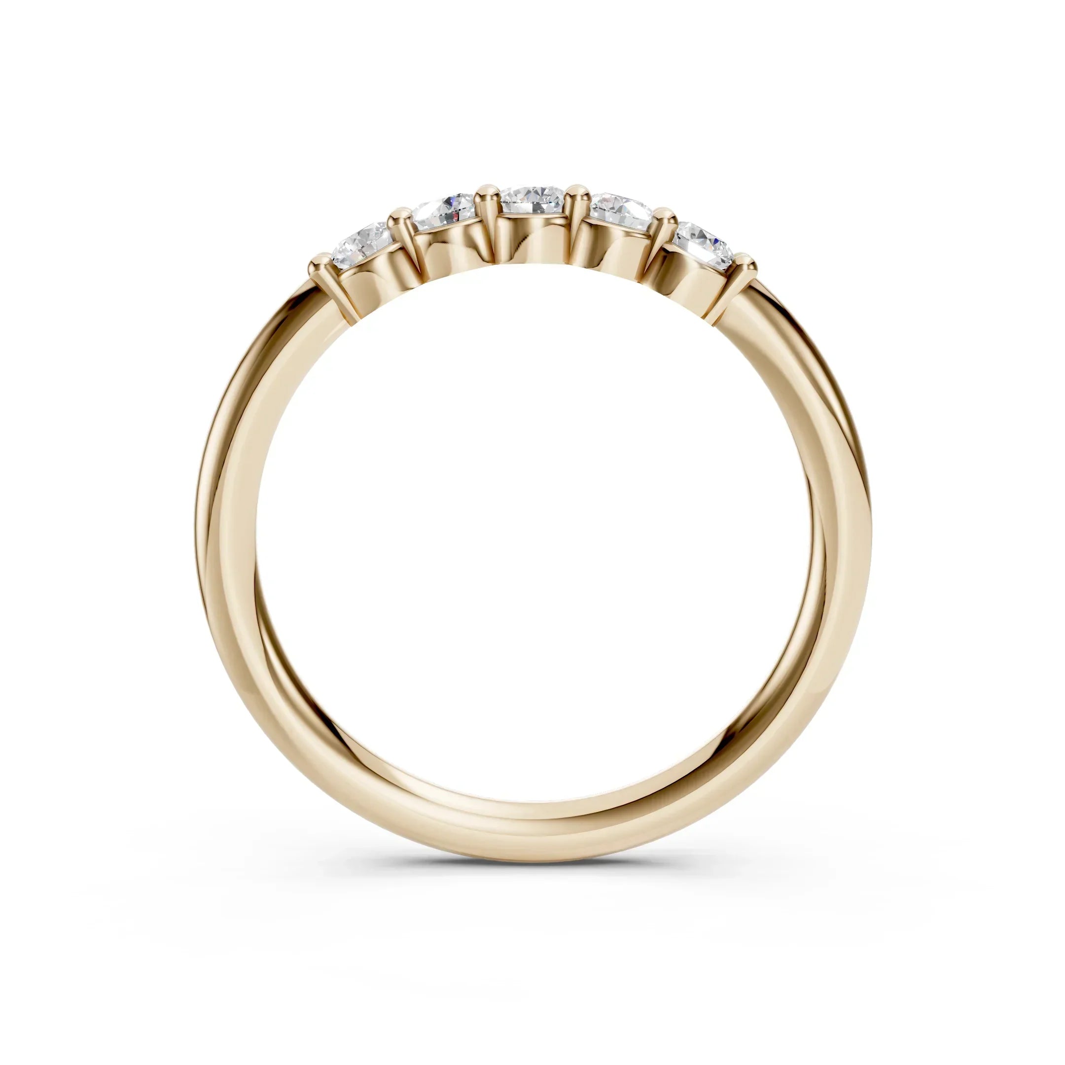 Yellow gold band with five round diamonds in a prong setting, custom engagement ring