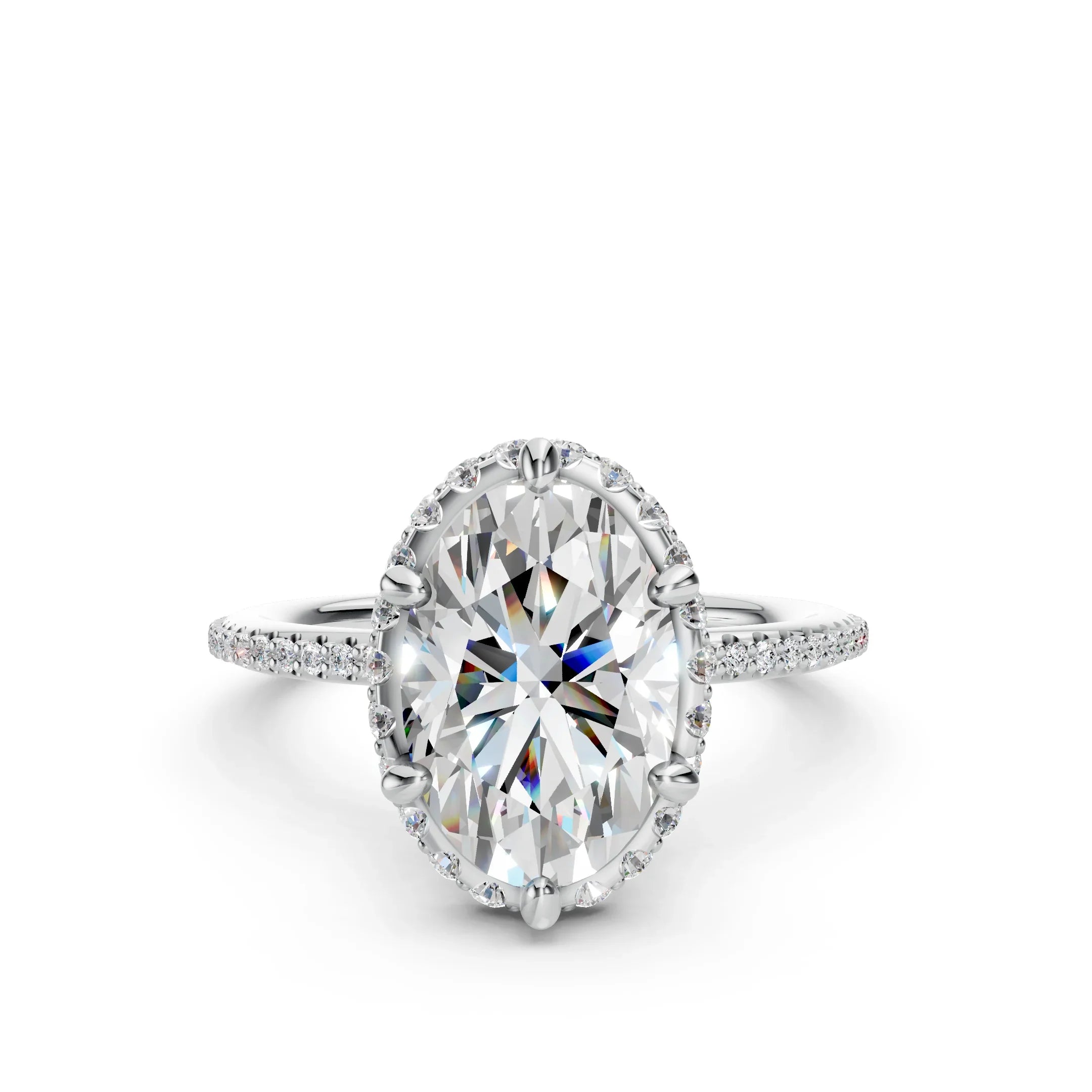 Oval cut diamond engagement ring with pavé band on white background