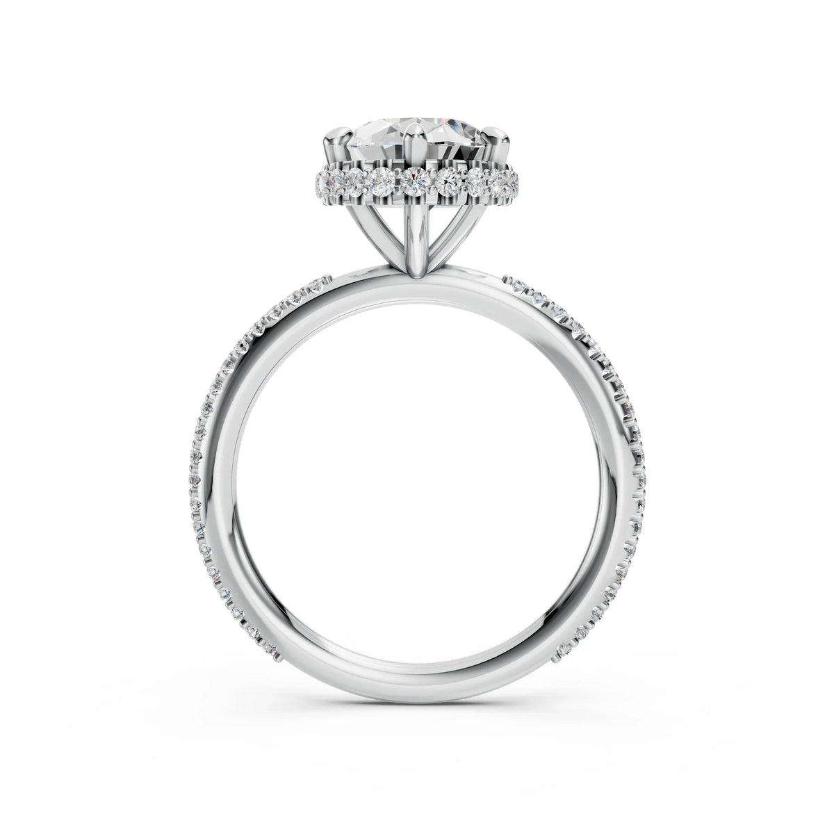 Platinum engagement ring with round halo diamond setting and pavé band