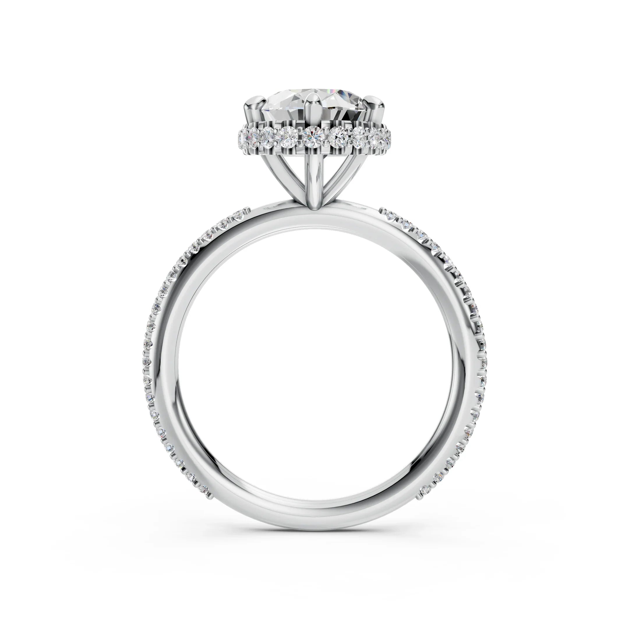 Platinum engagement ring with round halo diamond setting and pavé band