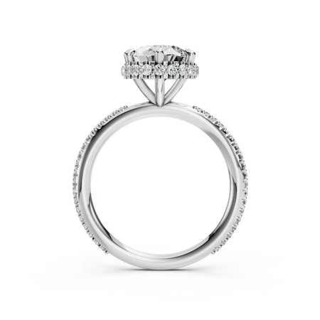 Platinum engagement ring with round halo diamond setting and pavé band