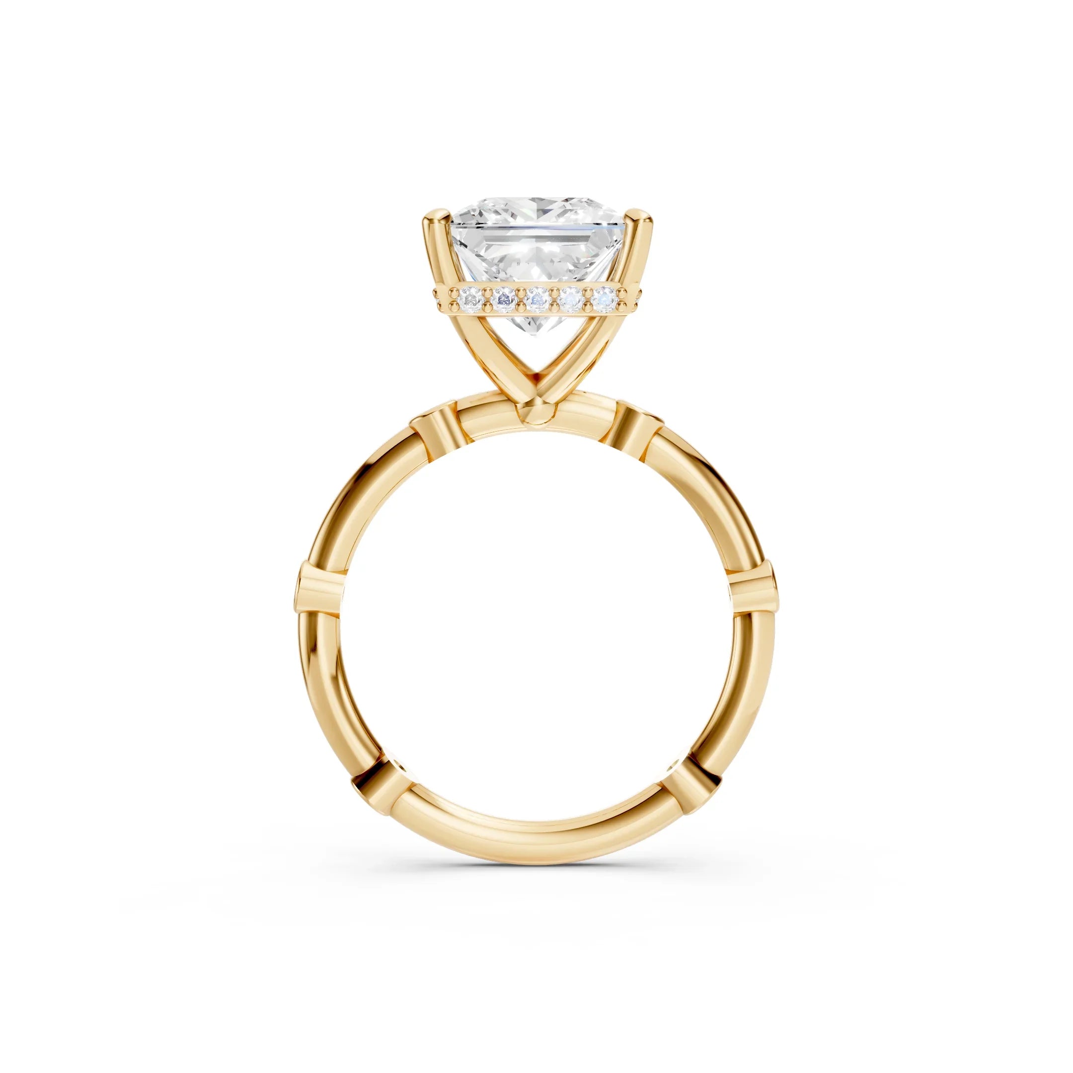 Yellow gold engagement ring with solitaire diamond and pavé diamond accents on setting