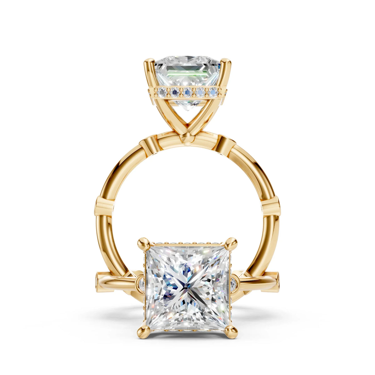 Yellow gold engagement ring with large princess-cut diamond and pavé band details