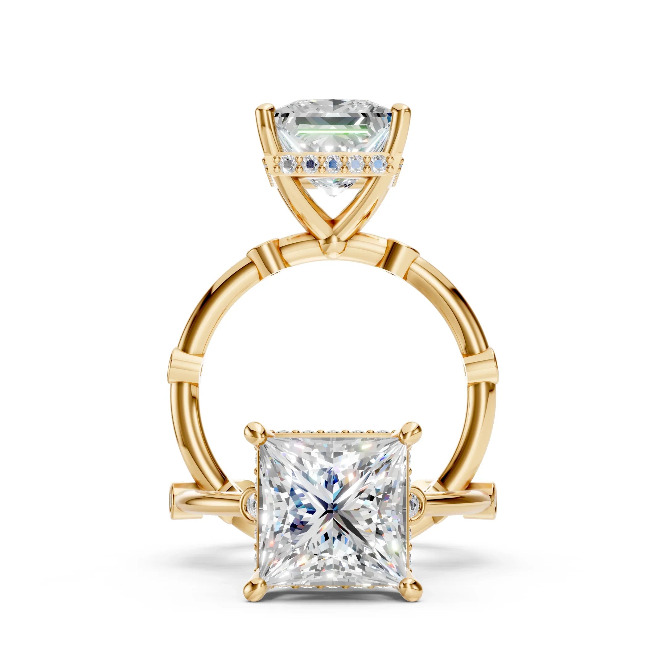 Yellow gold engagement ring with large princess-cut diamond and pavé band details