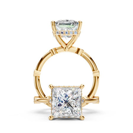 Yellow gold engagement ring with large princess-cut diamond and pavé band details