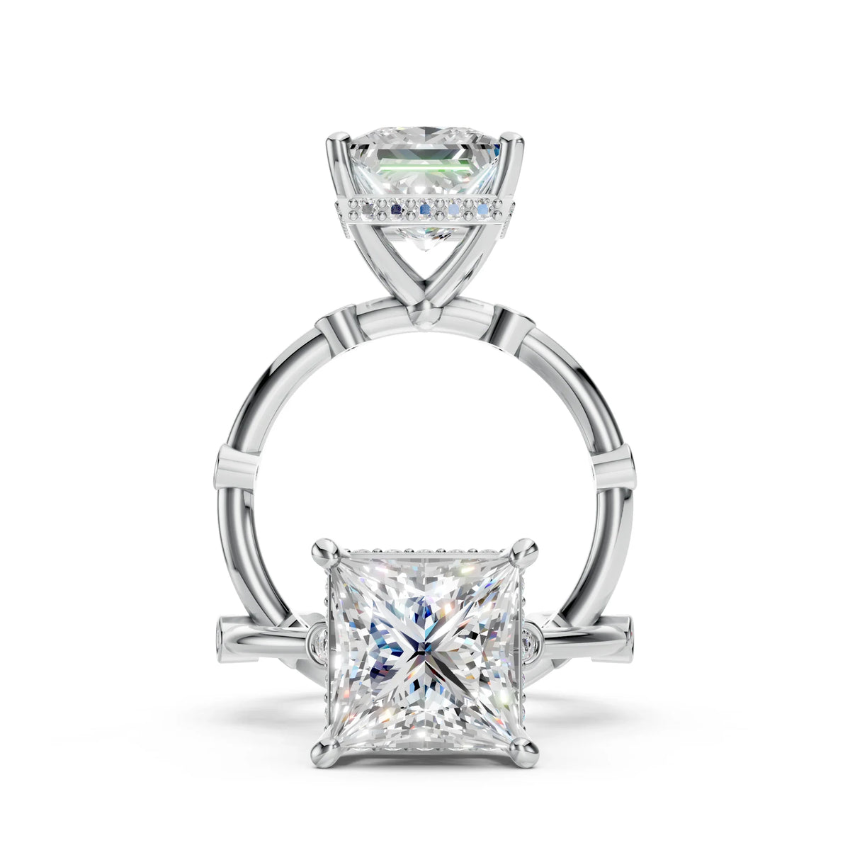 Princess cut diamond engagement ring in white gold with pavé band, custom jewelry design.