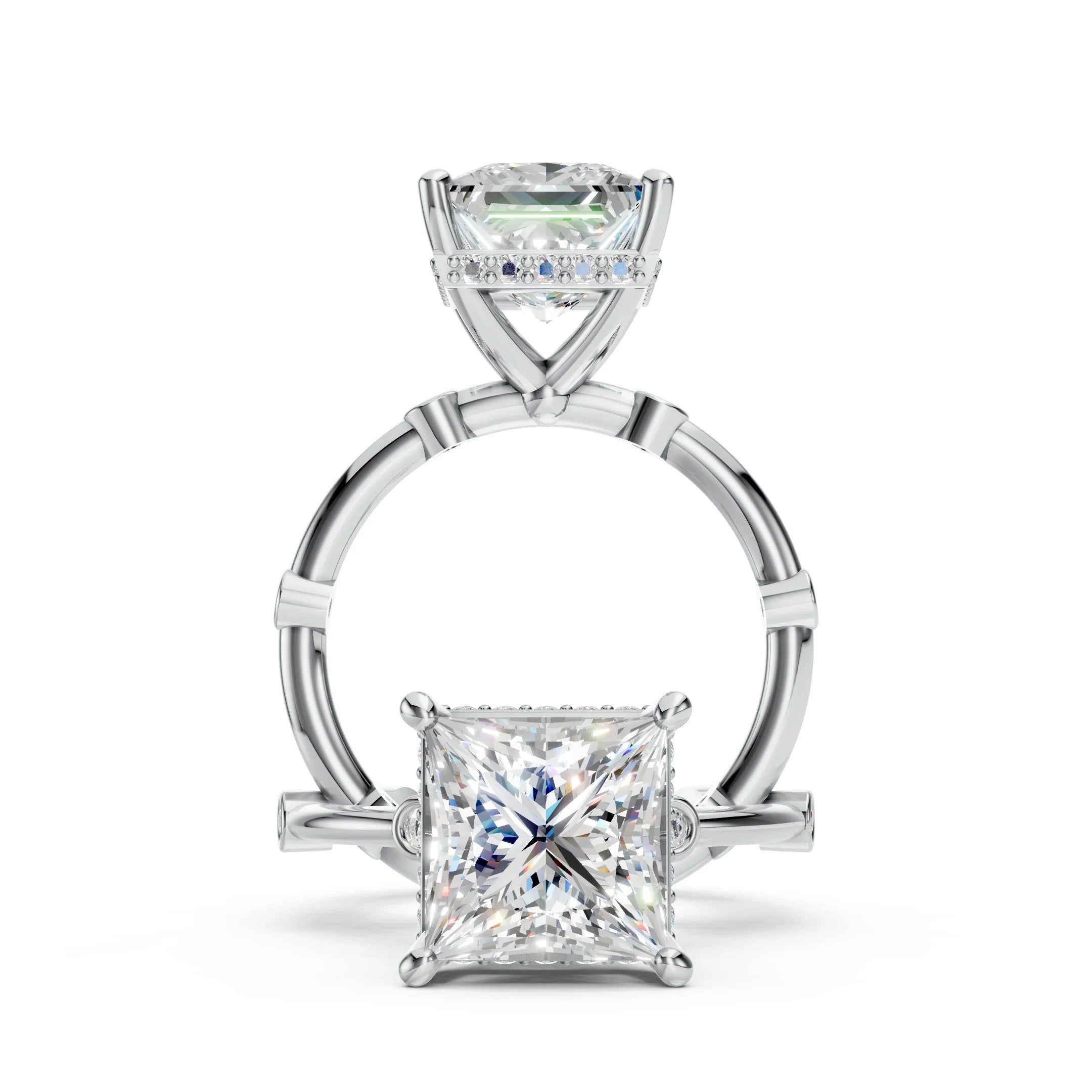 Princess cut diamond engagement ring in white gold with pavé band, custom jewelry design.