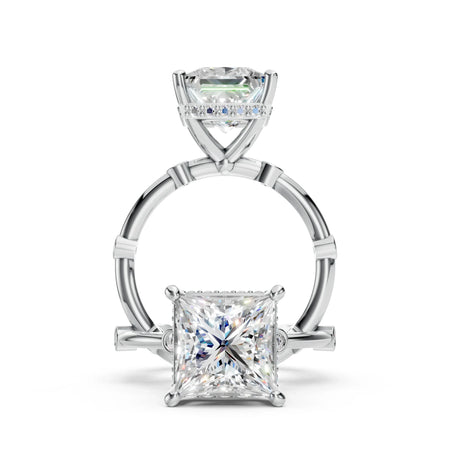 Princess cut diamond engagement ring in white gold with pavé band, custom jewelry design.