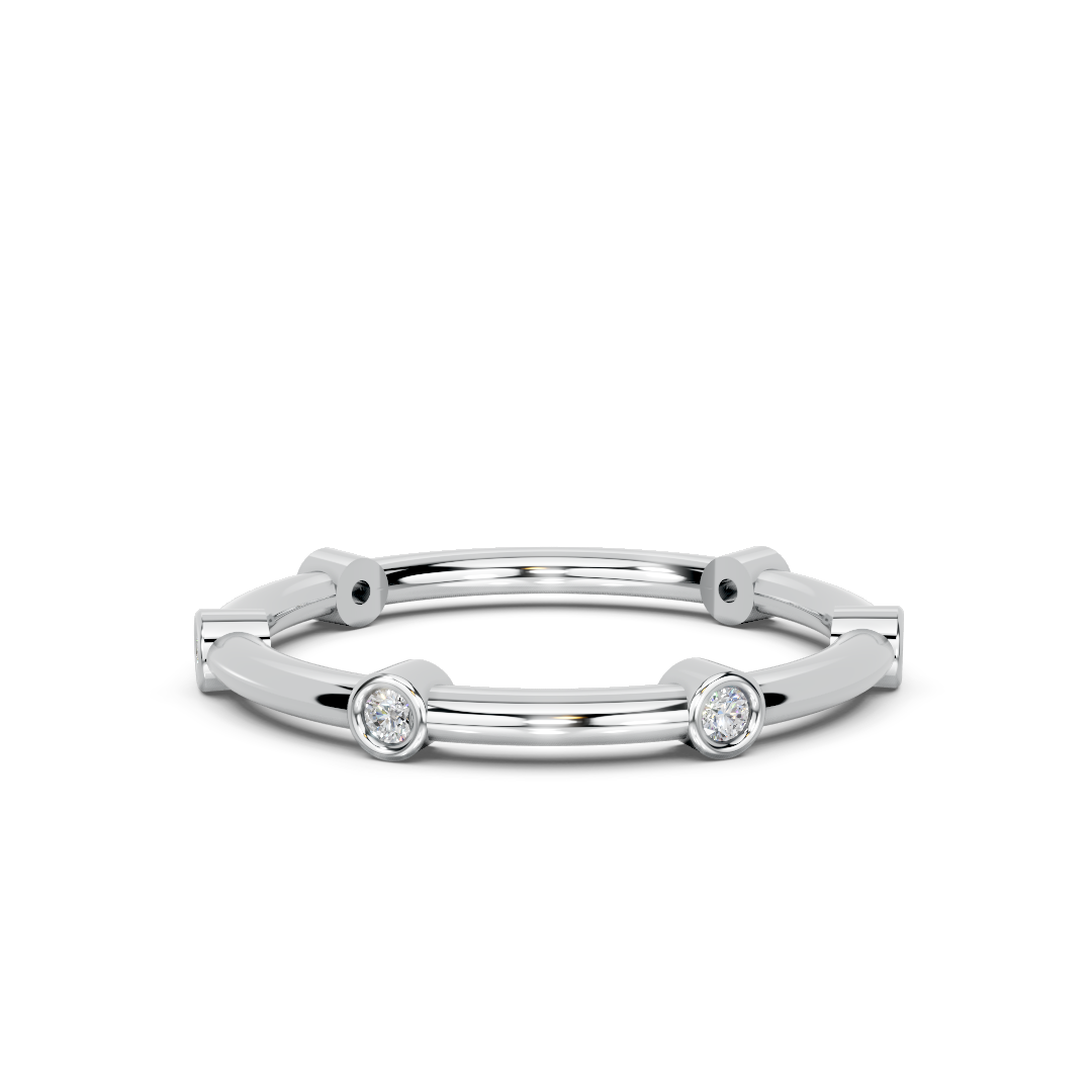 White gold band ring with bezel-set round diamonds, modern minimalist jewelry
