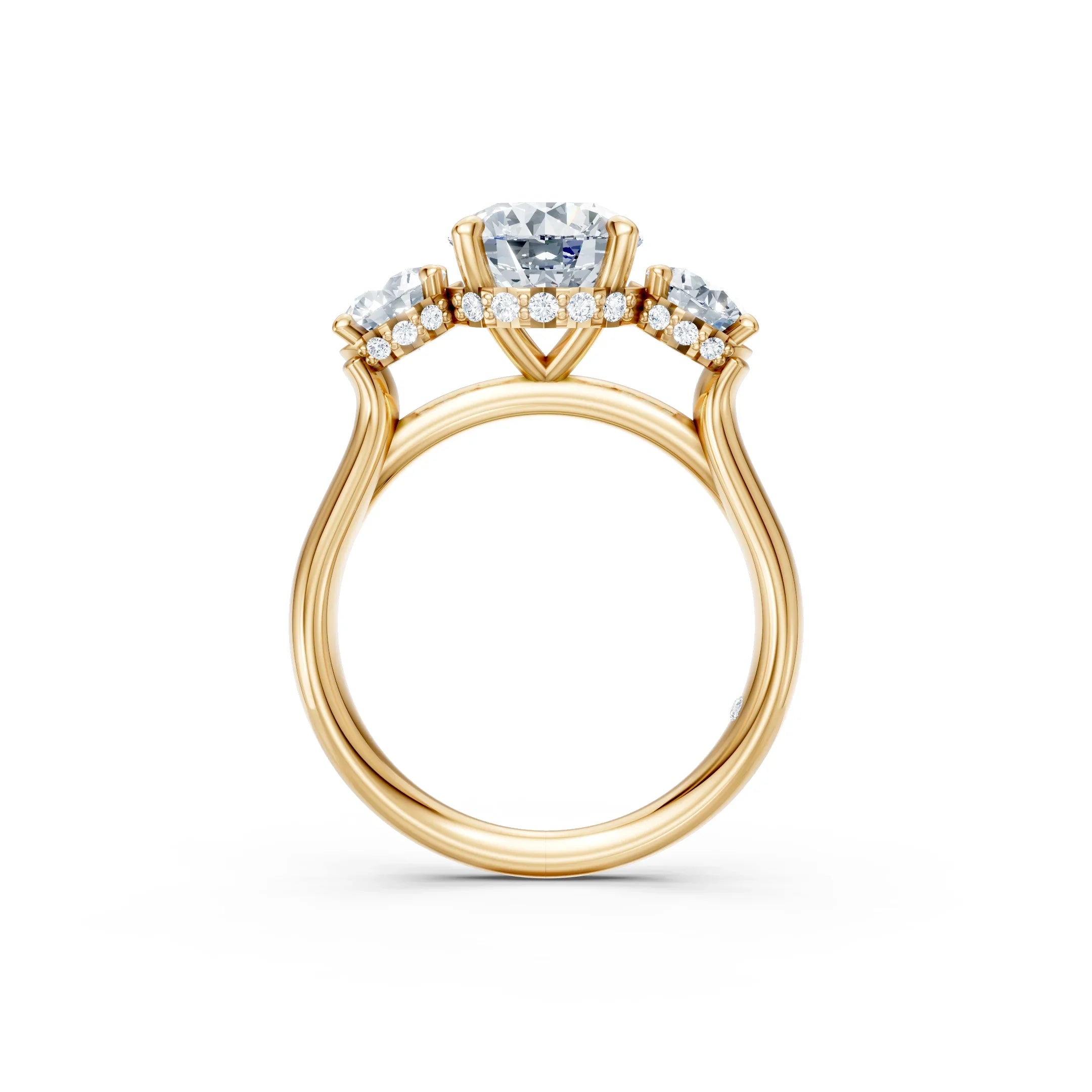 Three-stone yellow gold engagement ring with round diamonds and pavé band, side view