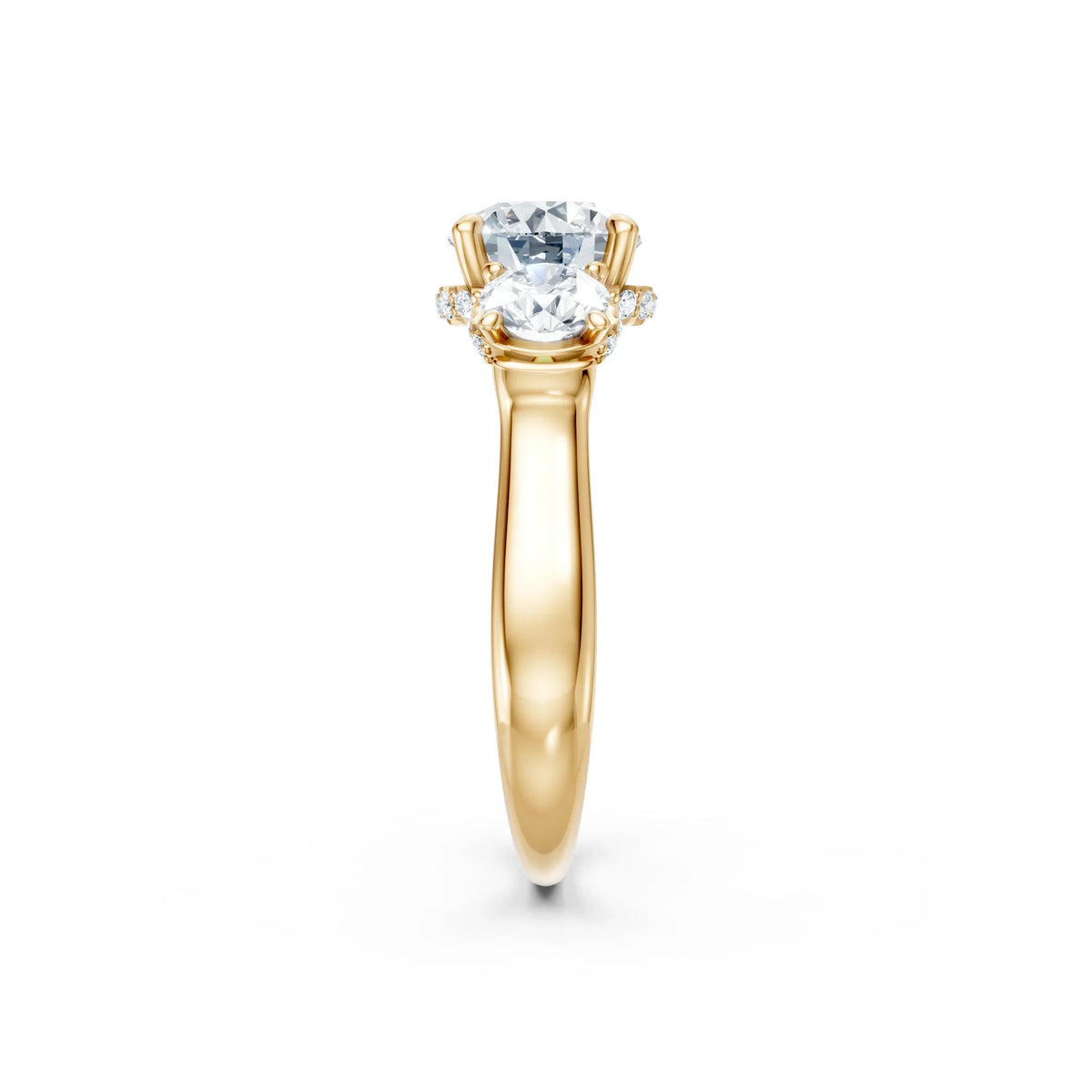 Yellow gold engagement ring with two oval diamonds and smaller side stones