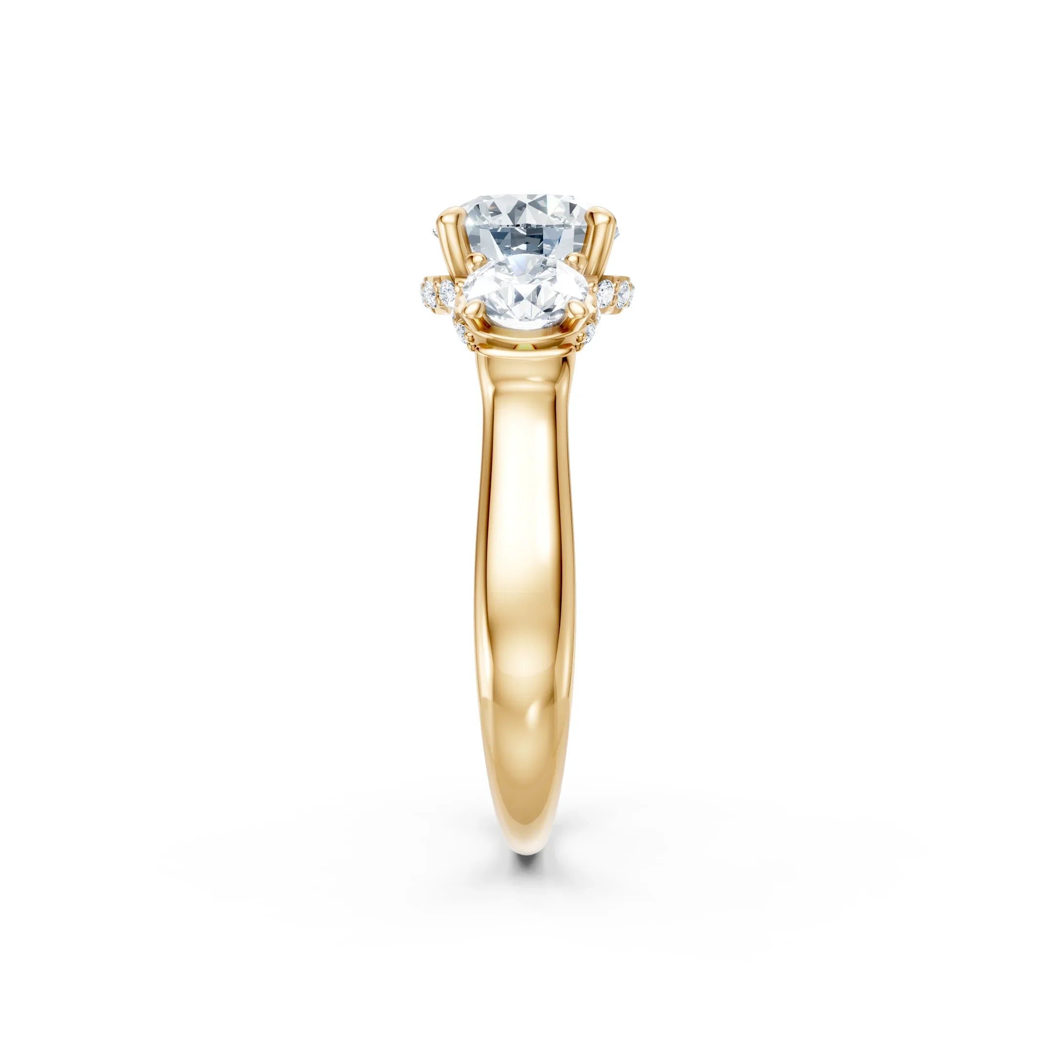 Yellow gold engagement ring with two oval diamonds and smaller side stones