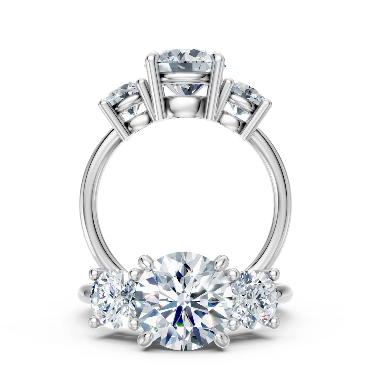 Three-stone diamond engagement ring with round cut diamonds on a white gold band