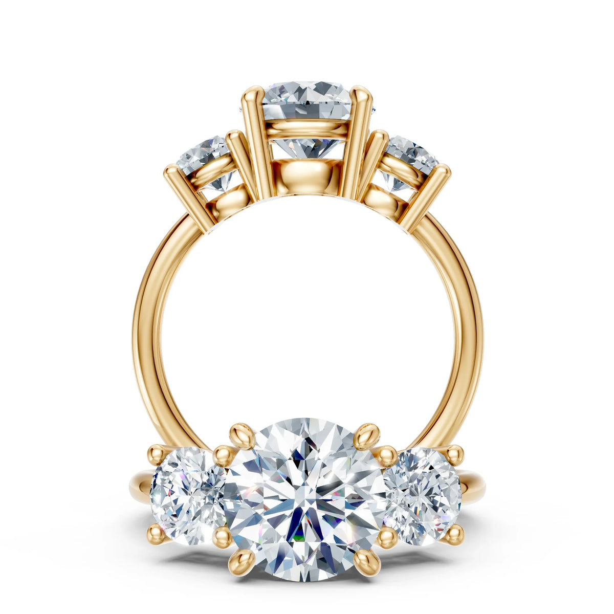Three stone gold engagement ring with round cut diamonds, custom jewelry design