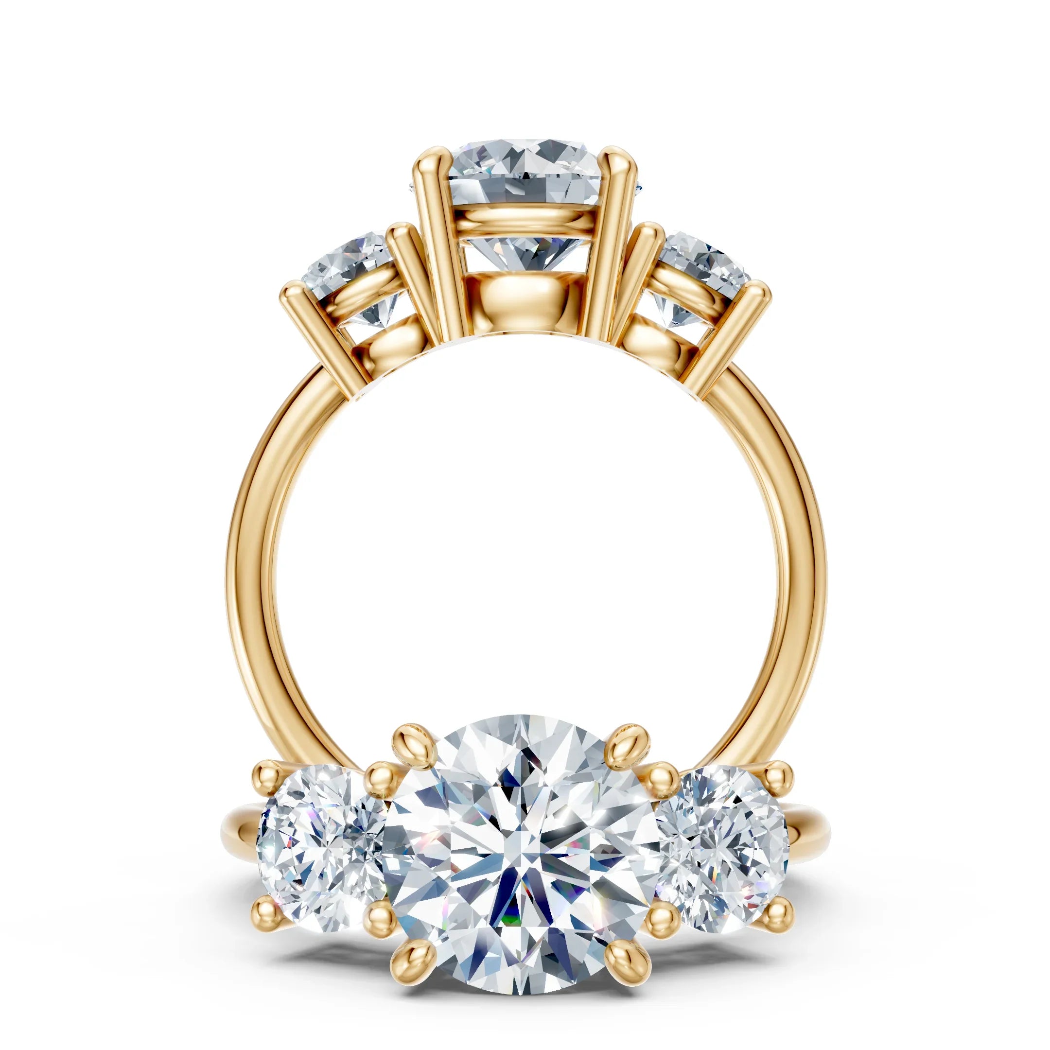 Three stone gold engagement ring with round cut diamonds, custom jewelry design