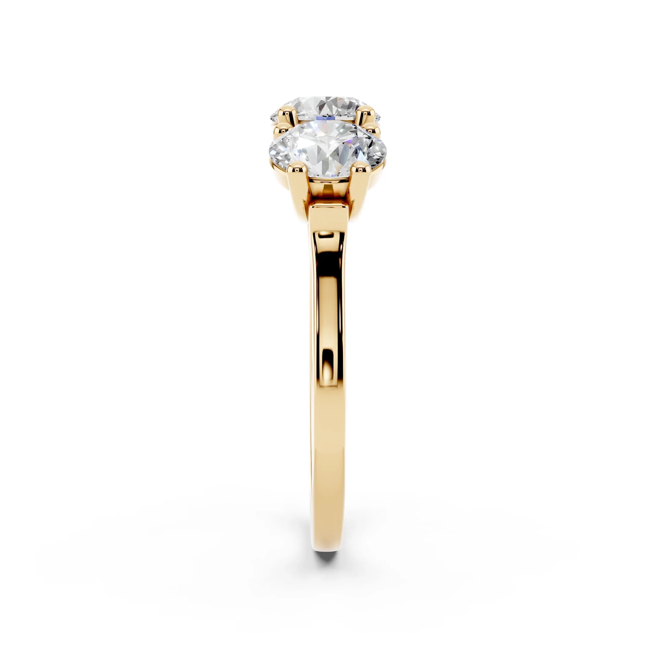 Yellow gold two stone diamond engagement ring, prong setting, side view